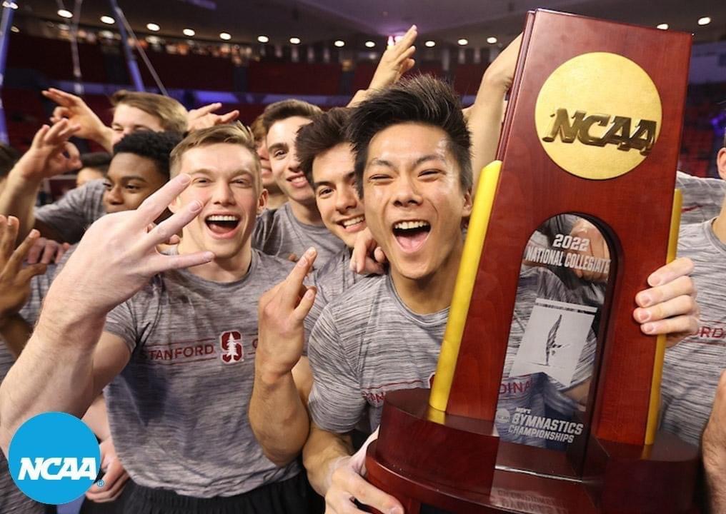 Stanford men's gymnastics team celebrating their NCAA championship